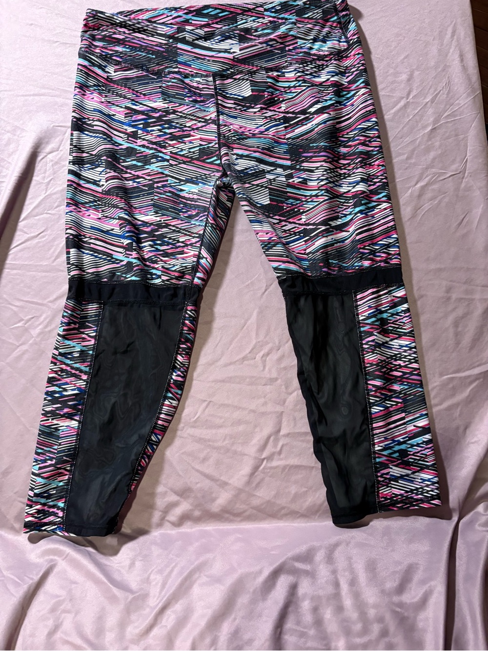 Fabletics Girls' Pink, Teal & Black Geometric Mesh-Panel Leggings